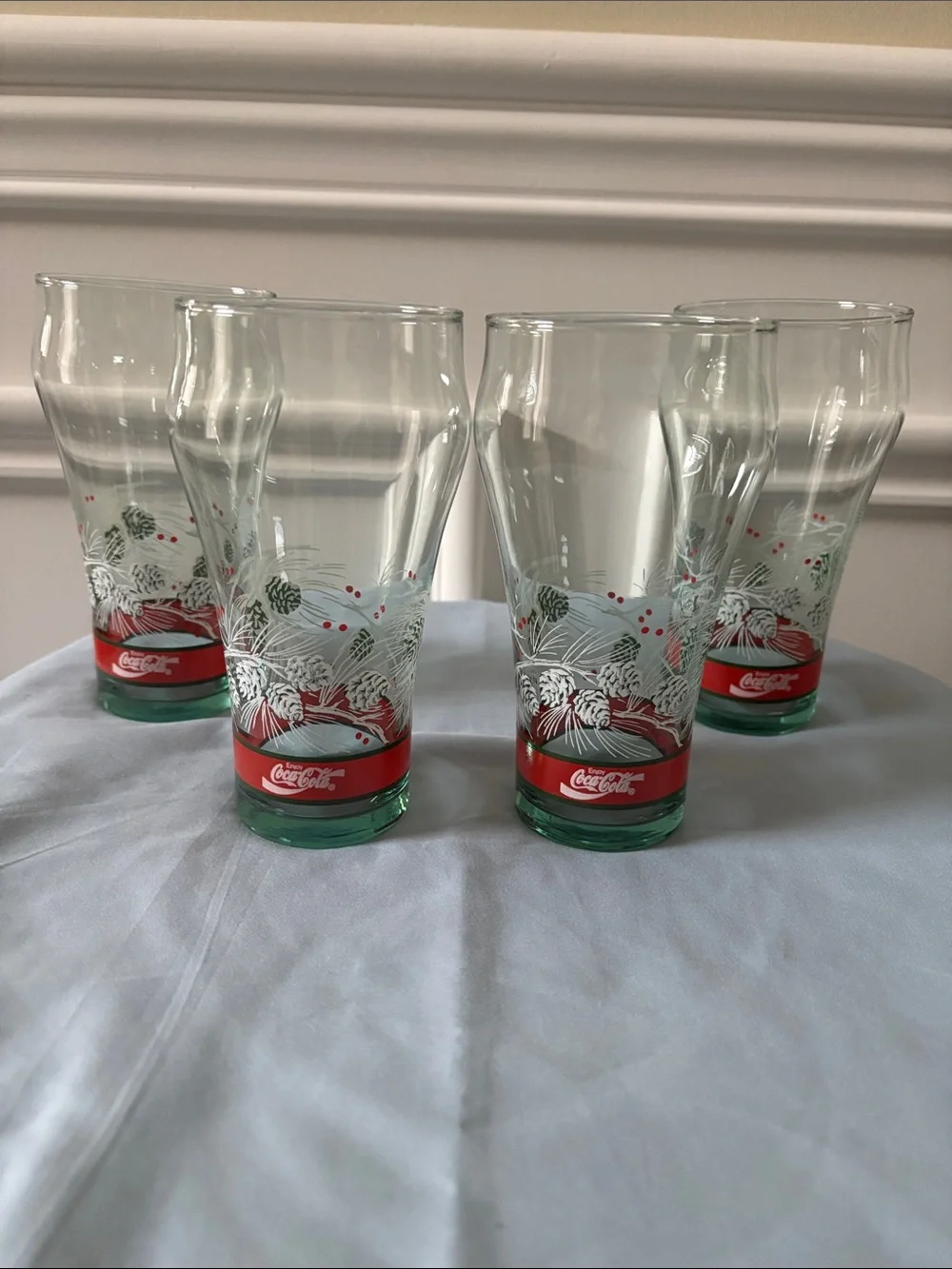 Coca Cola Clear Glass Tumblers with Red & Green Holiday Trim (Set of 4)